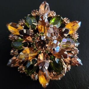 Vintage EMERALD GOLD Elegant BROACHES faux golden & jewels AMBER Emerald